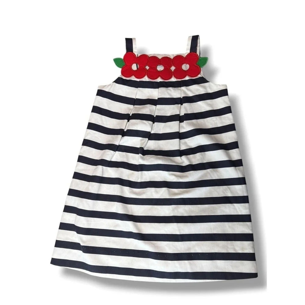 Florence Eiseman Dress Kids 5 Navy White Striped Flower Applique Nautical Summer